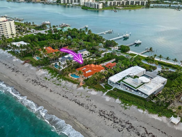 drone / aerial view with a water view and a view of the beach