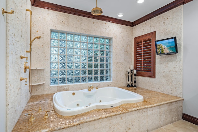 bathroom featuring tiled tub and crown molding