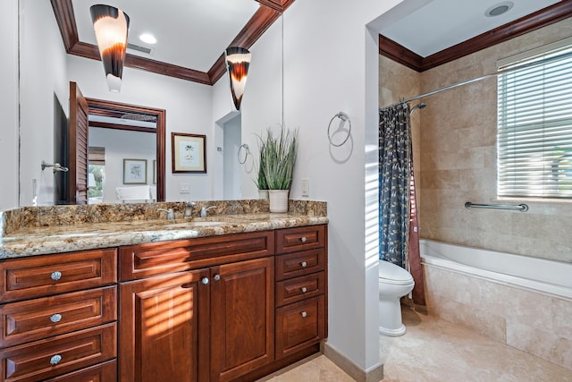 full bathroom with toilet, shower / bathtub combination with curtain, crown molding, and vanity