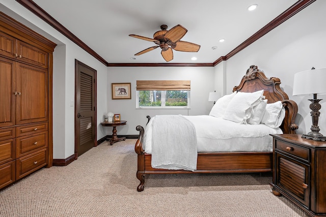 bedroom featuring baseboards, a ceiling fan, light colored carpet, ornamental molding, and recessed lighting