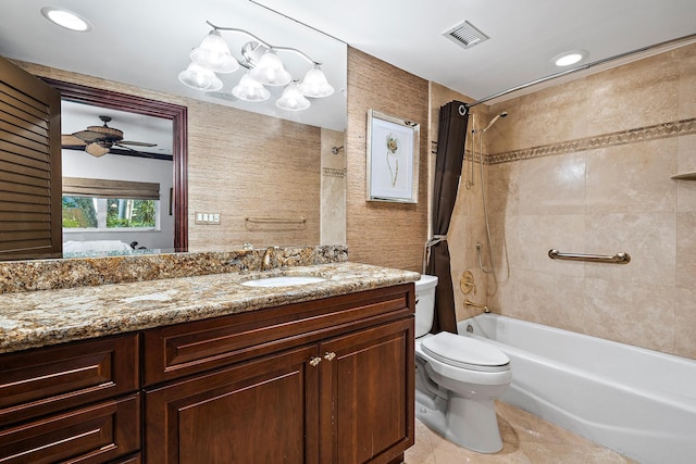 bathroom featuring visible vents, toilet, tile patterned flooring, shower / bath combination with curtain, and vanity