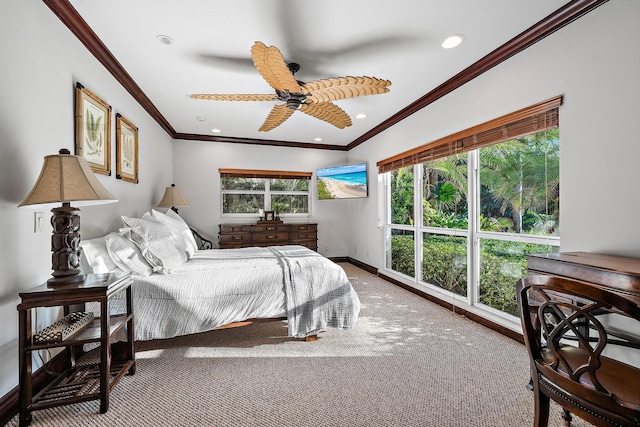 bedroom with recessed lighting, carpet flooring, a ceiling fan, baseboards, and ornamental molding