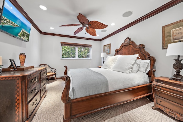 bedroom with recessed lighting, light colored carpet, ornamental molding, a ceiling fan, and baseboards