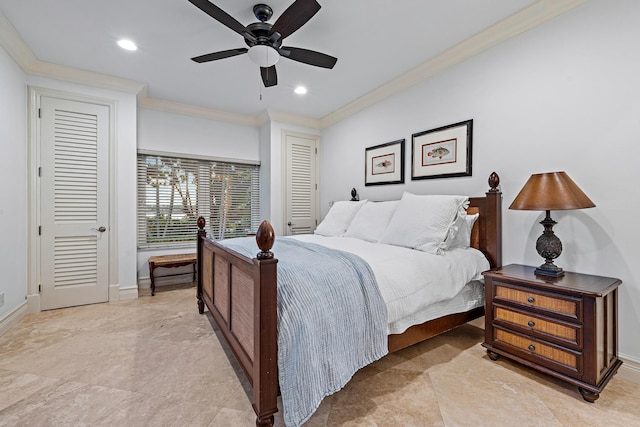 bedroom with ceiling fan and crown molding