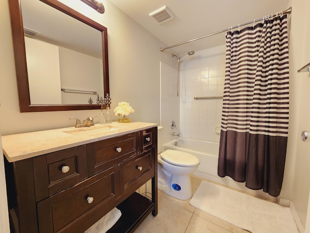 full bathroom featuring vanity, toilet, shower / tub combo with curtain, and tile patterned floors