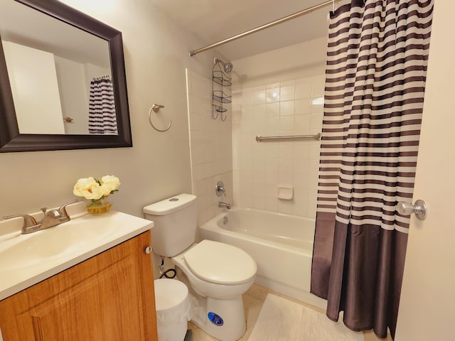 full bath with toilet, shower / bath combination with curtain, and vanity