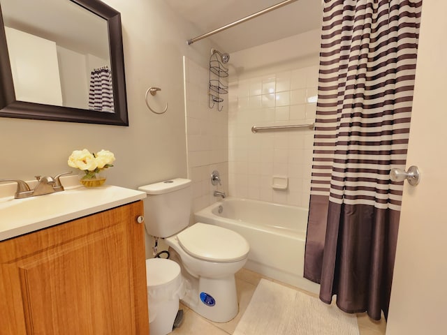 full bathroom with vanity, toilet, shower / tub combo with curtain, and tile patterned floors