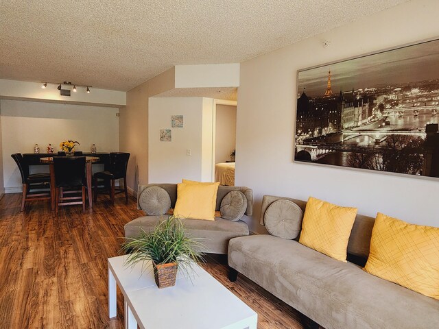 living room with dark hardwood / wood-style flooring and a textured ceiling