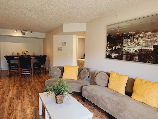 living room with a textured ceiling and wood finished floors