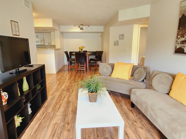 living room with a textured ceiling and light hardwood / wood-style floors