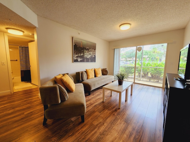 living room with a textured ceiling and hardwood / wood-style floors