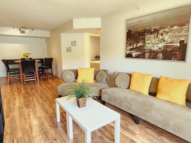 living room featuring track lighting, baseboards, a textured ceiling, and wood finished floors