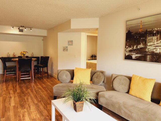 living room featuring a textured ceiling, dark wood-type flooring, and rail lighting