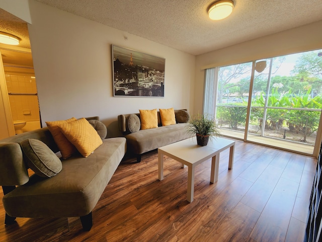 living room with a textured ceiling and wood finished floors