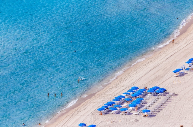 bird's eye view with a view of the beach and a water view