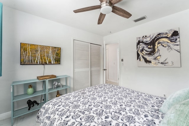 bedroom with visible vents, baseboards, a closet, and ceiling fan