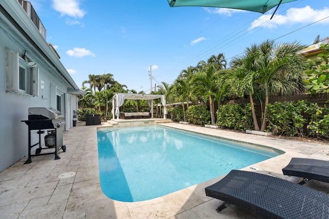 view of pool featuring a fenced in pool, a fenced backyard, a patio area, area for grilling, and a pergola