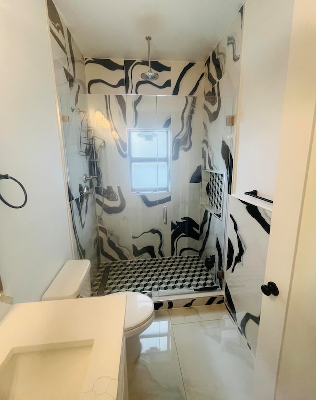 bathroom with tile patterned flooring, a shower with shower curtain, and toilet