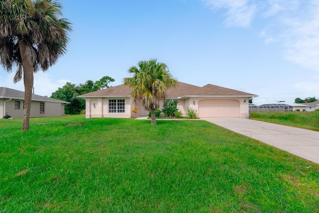 single story home featuring a front yard and a garage