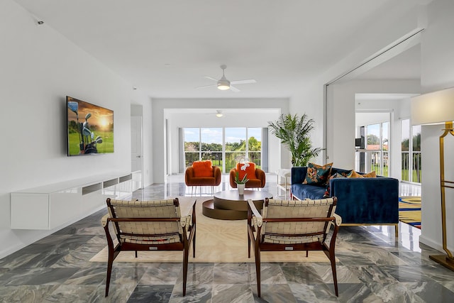 living room featuring ceiling fan