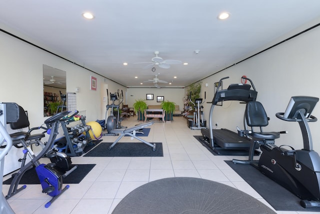 workout room featuring a ceiling fan, recessed lighting, and light tile patterned floors