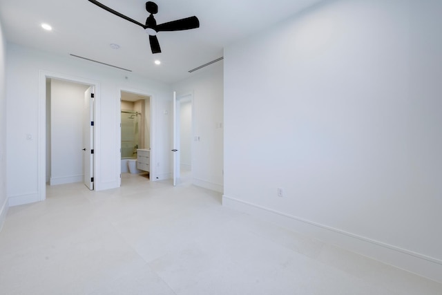 unfurnished bedroom featuring ceiling fan and connected bathroom