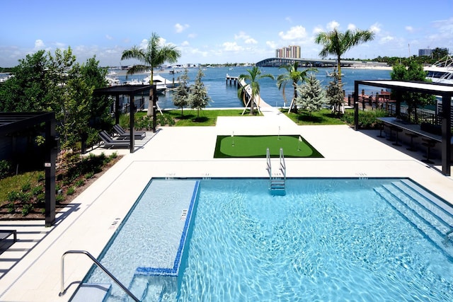 view of pool with a water view, a gazebo, and a patio