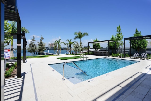 view of pool with a water view