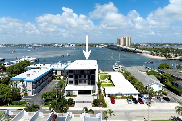 aerial view featuring a water view