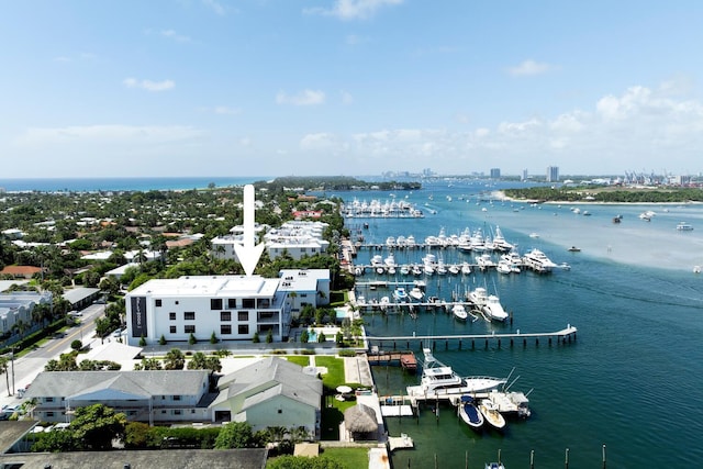 drone / aerial view with a water view