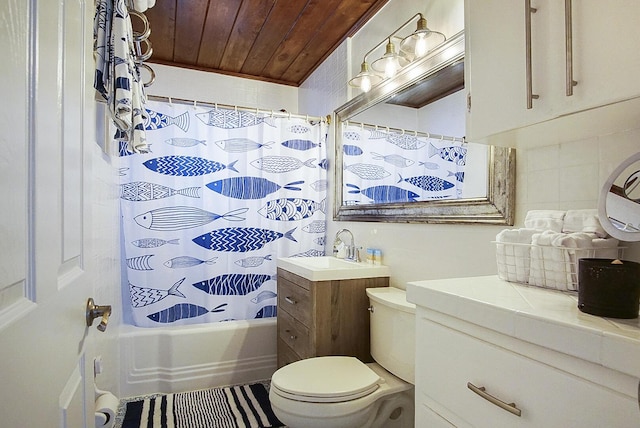 full bathroom with shower / bathtub combination with curtain, vanity, toilet, and wooden ceiling