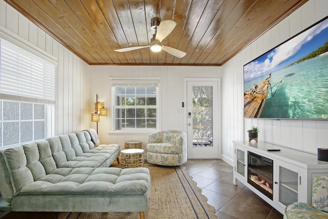 interior space featuring wooden ceiling, ornamental molding, and wood walls