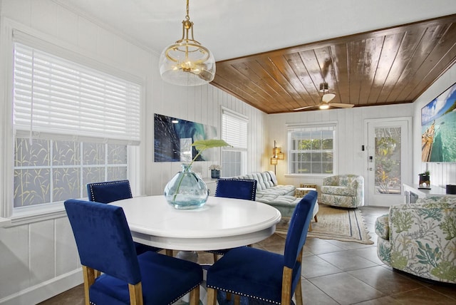 dining area with wooden ceiling, dark tile patterned floors, ornamental molding, and wooden walls