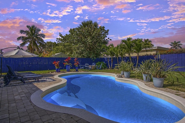 pool at dusk featuring a patio area