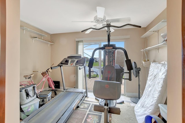 exercise area with ceiling fan