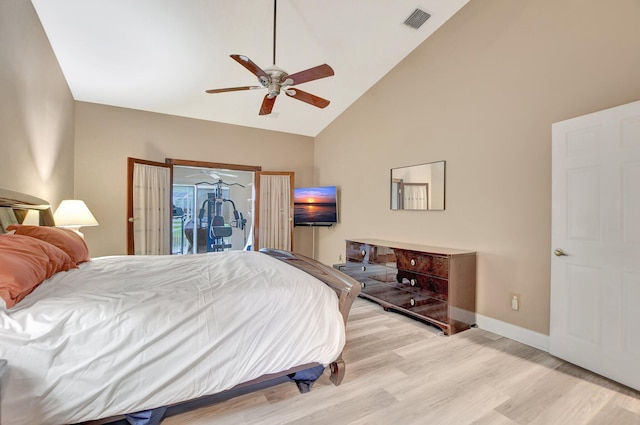 bedroom featuring access to outside, high vaulted ceiling, ceiling fan, and light wood-type flooring