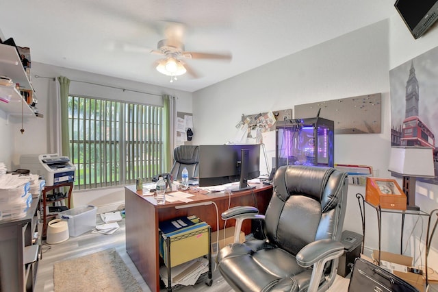 office space featuring ceiling fan and light wood-type flooring