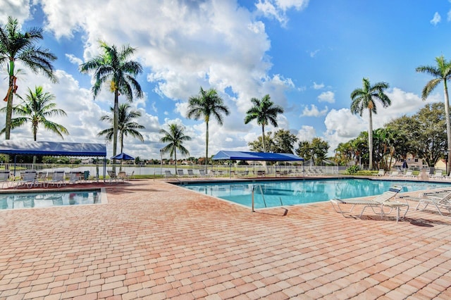 view of swimming pool with a patio