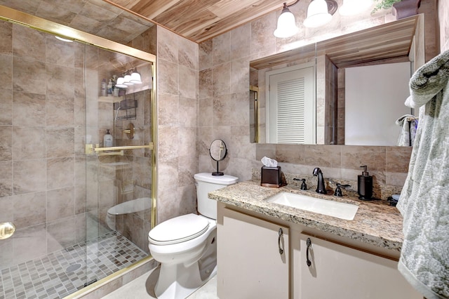 bathroom with wood ceiling, vanity, backsplash, tile walls, and toilet