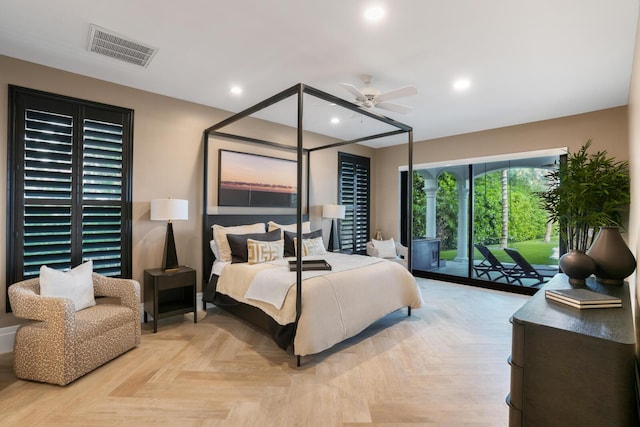 bedroom featuring ceiling fan, access to outside, and light parquet floors