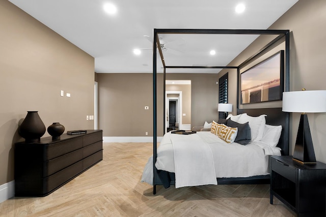 bedroom featuring light parquet floors