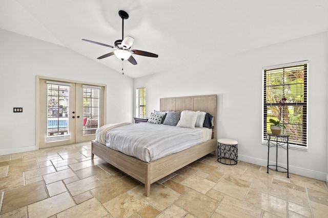 bedroom with ceiling fan, lofted ceiling, access to outside, and french doors