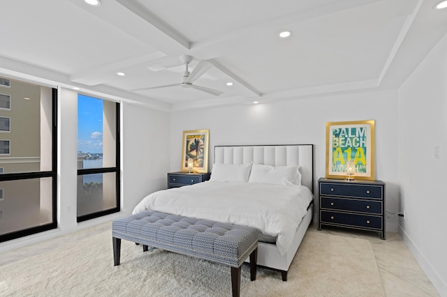 bedroom featuring beamed ceiling, ceiling fan, and coffered ceiling