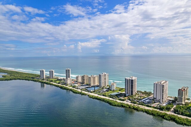 drone / aerial view featuring a water view