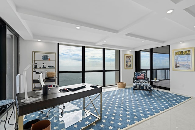 office area with beamed ceiling, a water view, expansive windows, and coffered ceiling