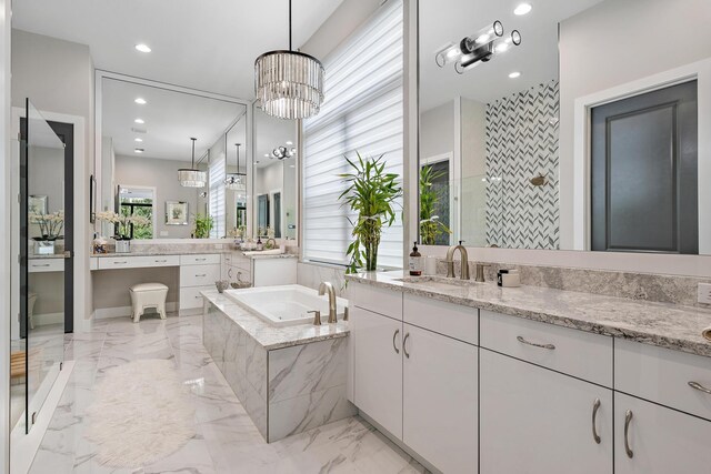 bathroom featuring vanity, plus walk in shower, and tile patterned flooring