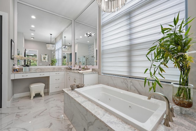 full bathroom featuring visible vents, marble finish floor, recessed lighting, a tub with jets, and vanity