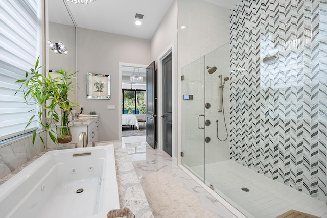 bathroom with vanity, separate shower and tub, and tile patterned flooring