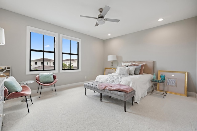 bedroom with recessed lighting, baseboards, carpet floors, and ceiling fan