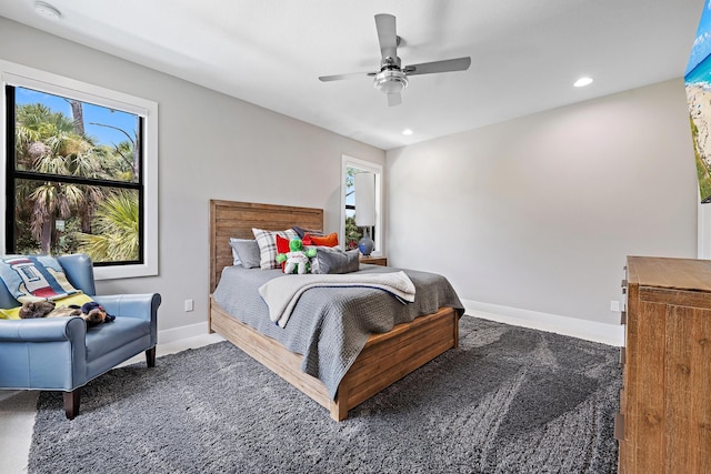 bedroom featuring recessed lighting, baseboards, and ceiling fan